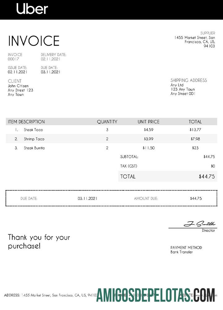 imprimível Modelo de fatura Uber dos EUA